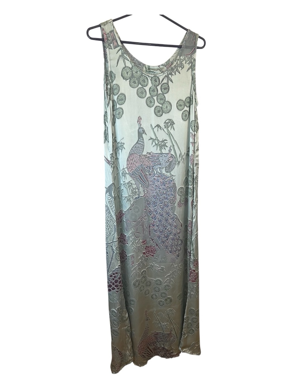 Citron Velvet Satin Burnout Peacock-Lilypad Print Slip Dress in Sage Green/plum